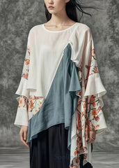 Art White Asymmetrical Patchwork Print Cotton Blouses Spring