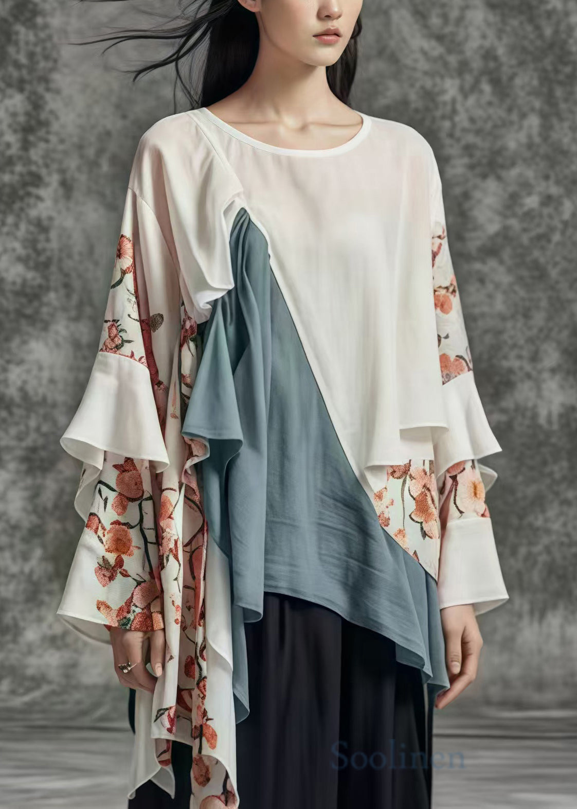 Art White Asymmetrical Patchwork Print Cotton Blouses Spring