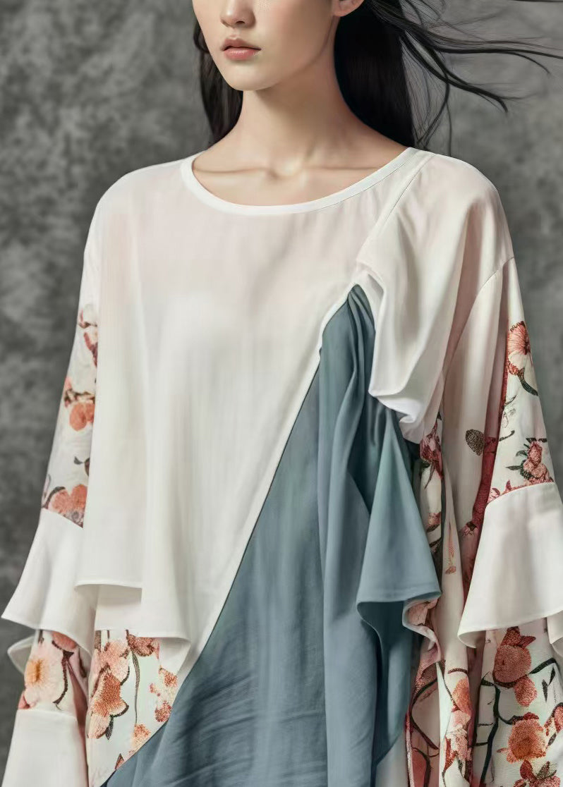 Art White Asymmetrical Patchwork Print Cotton Blouses Spring