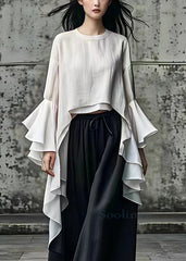 Art White Asymmetrical Solid Cotton Top Flare Sleeve