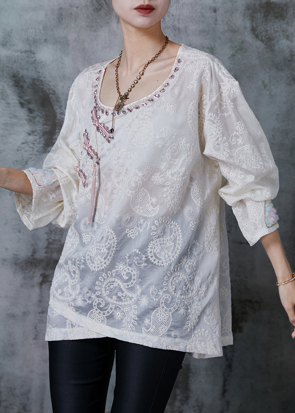 Art White Embroidered Chinese Button Tasseled Shirt Spring