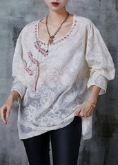 Art White Embroidered Chinese Button Tasseled Shirt Spring