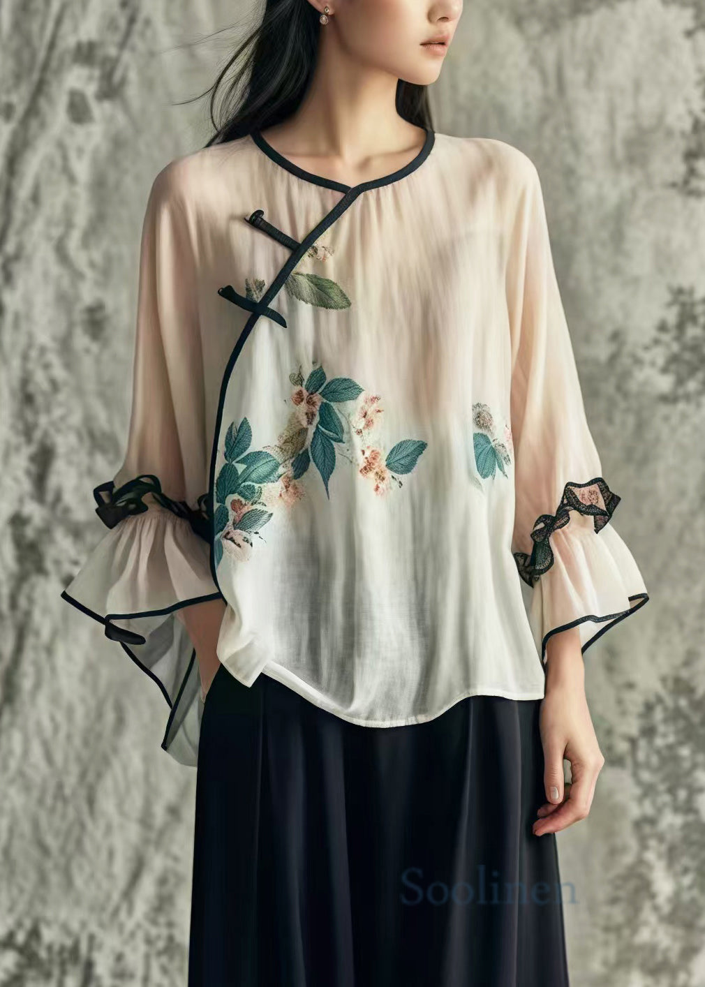 Art White Print Chinese Button Cotton Blouses Flare Sleeve