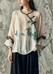 Art White Print Chinese Button Cotton Blouses Flare Sleeve