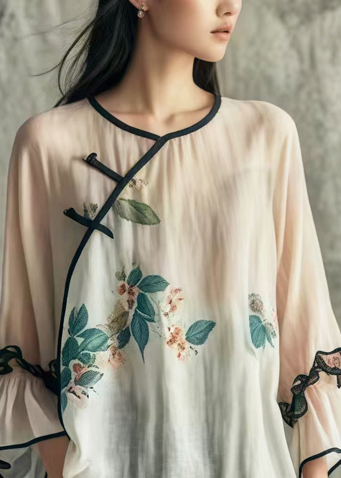 Art White Print Chinese Button Cotton Blouses Flare Sleeve