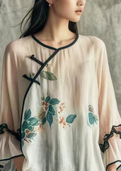 Art White Print Chinese Button Cotton Blouses Flare Sleeve