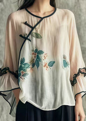 Art White Print Chinese Button Cotton Blouses Flare Sleeve