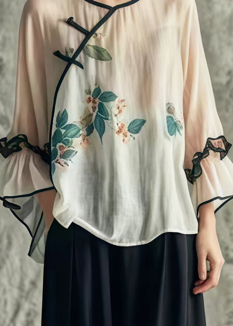 Art White Print Chinese Button Cotton Blouses Flare Sleeve