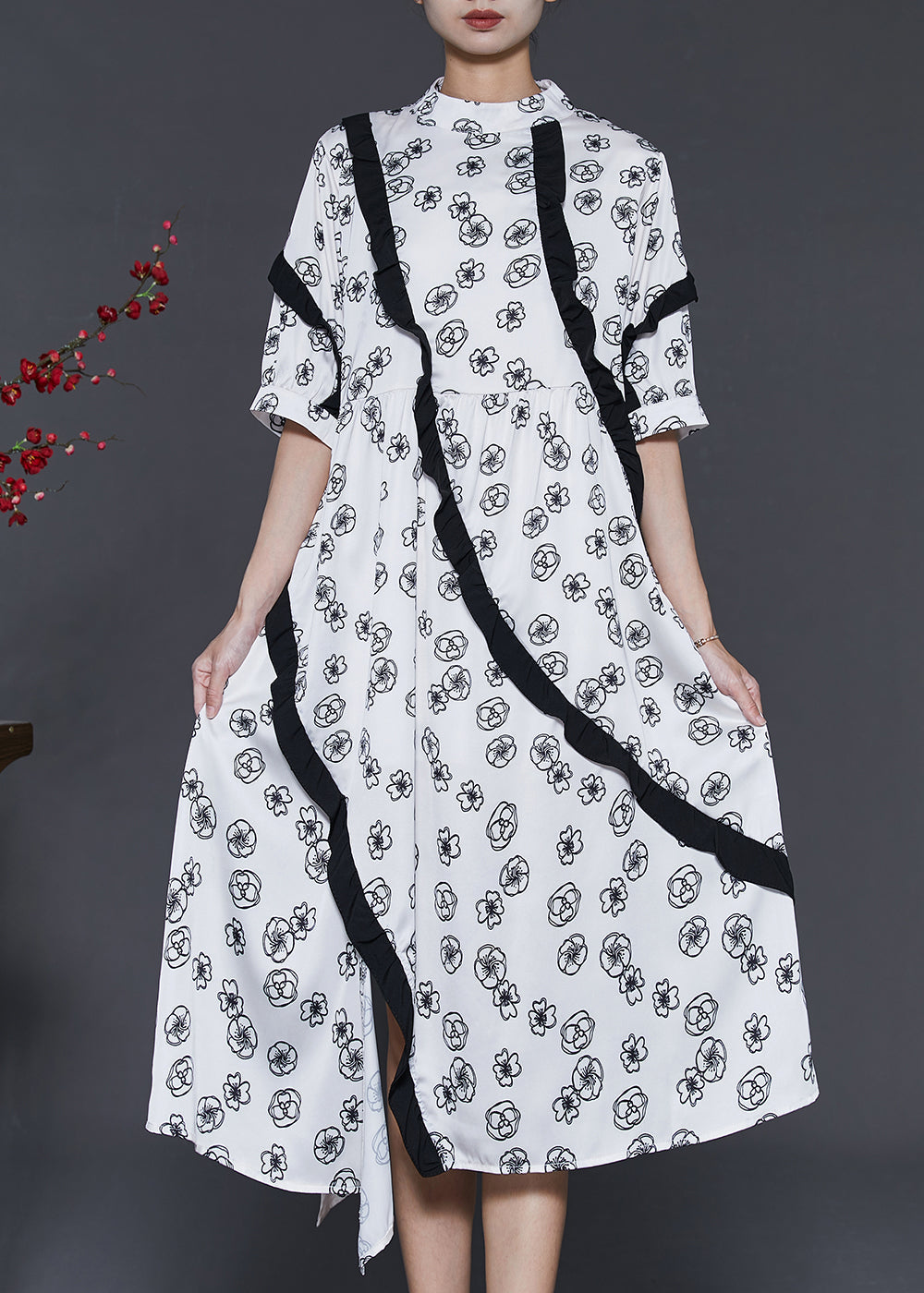 Art White Ruffled Print Cotton Dress Summer