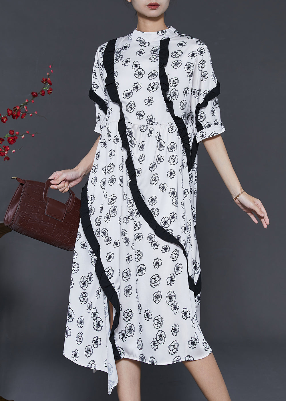 Art White Ruffled Print Cotton Dress Summer