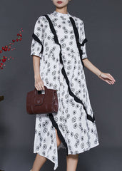 Art White Ruffled Print Cotton Dress Summer