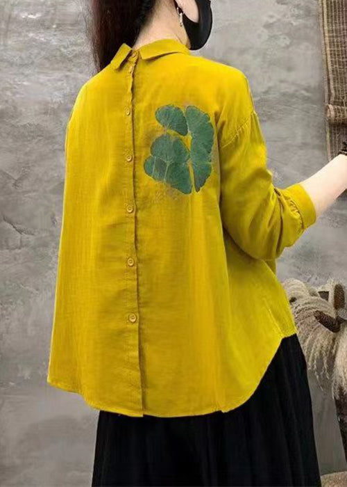 Art Yellow Peter Pan Collar Print Linen Blouses Fall