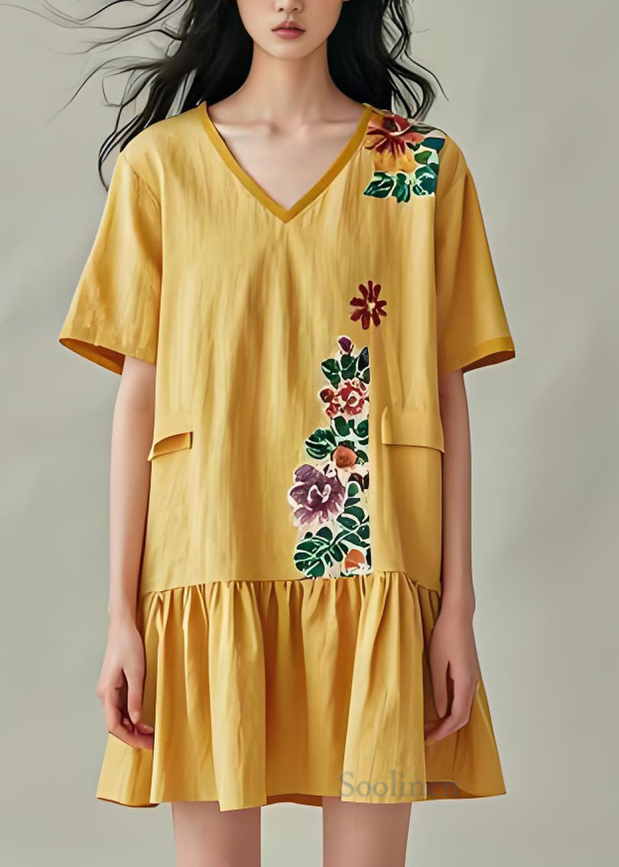 Art Yellow V Neck Print Cotton Tea Dresses Summer