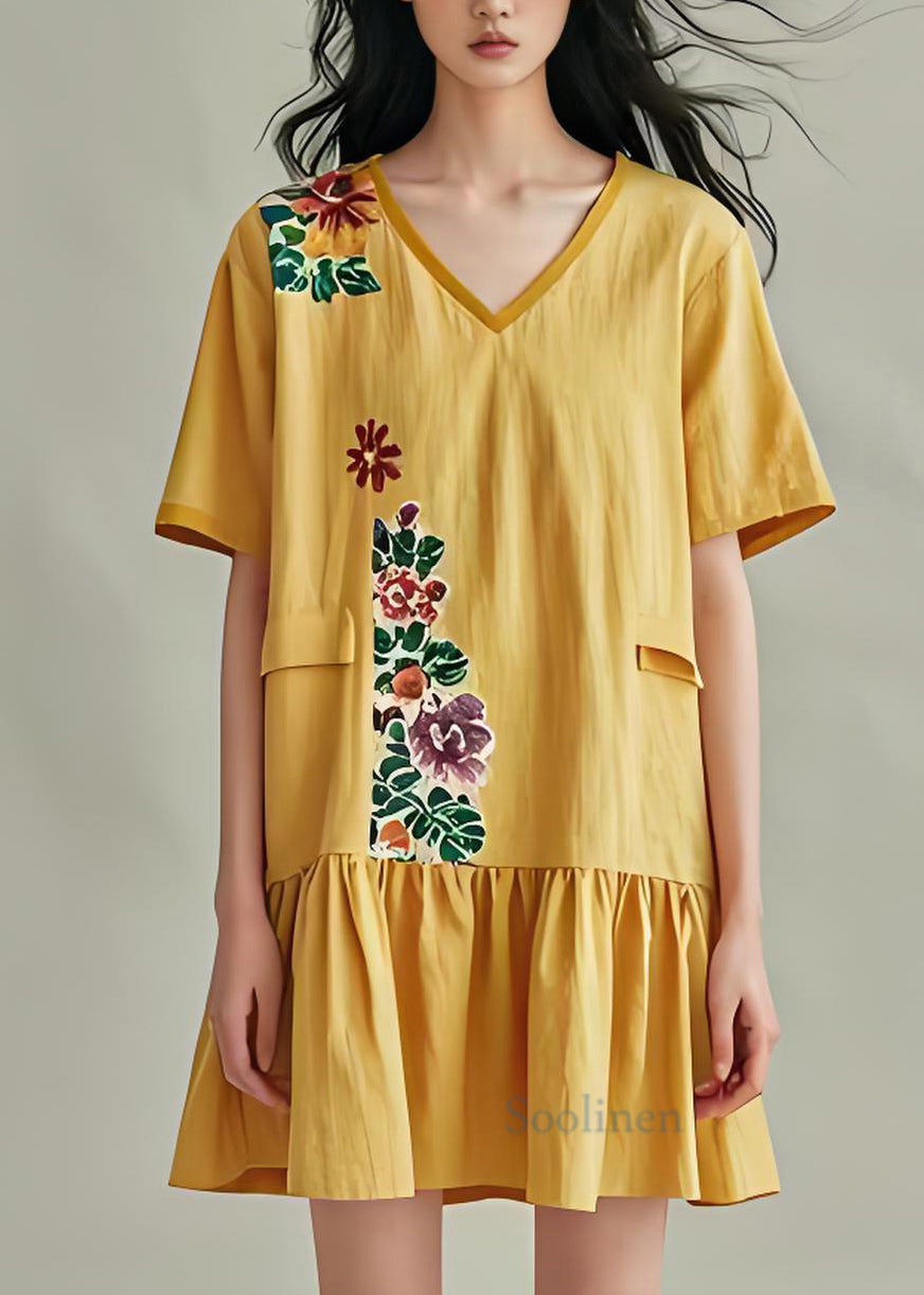 Art Yellow V Neck Print Cotton Tea Dresses Summer