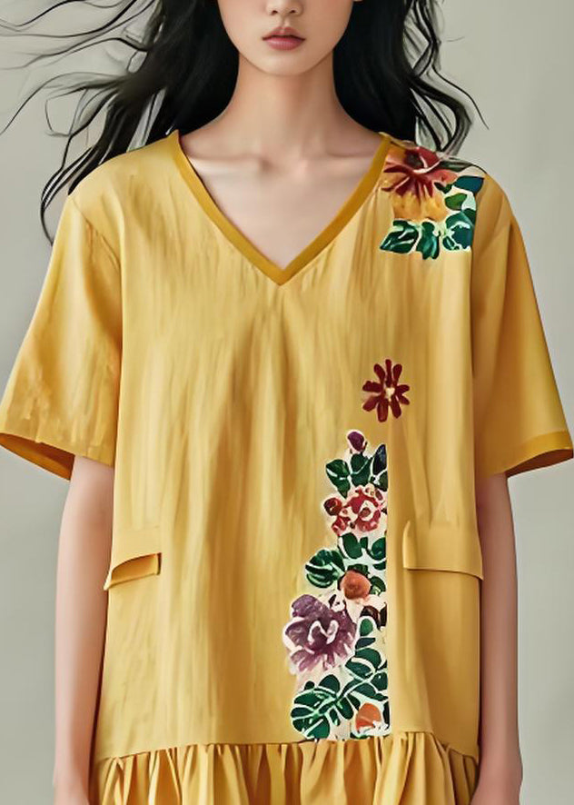 Art Yellow V Neck Print Cotton Tea Dresses Summer