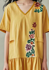 Art Yellow V Neck Print Cotton Tea Dresses Summer