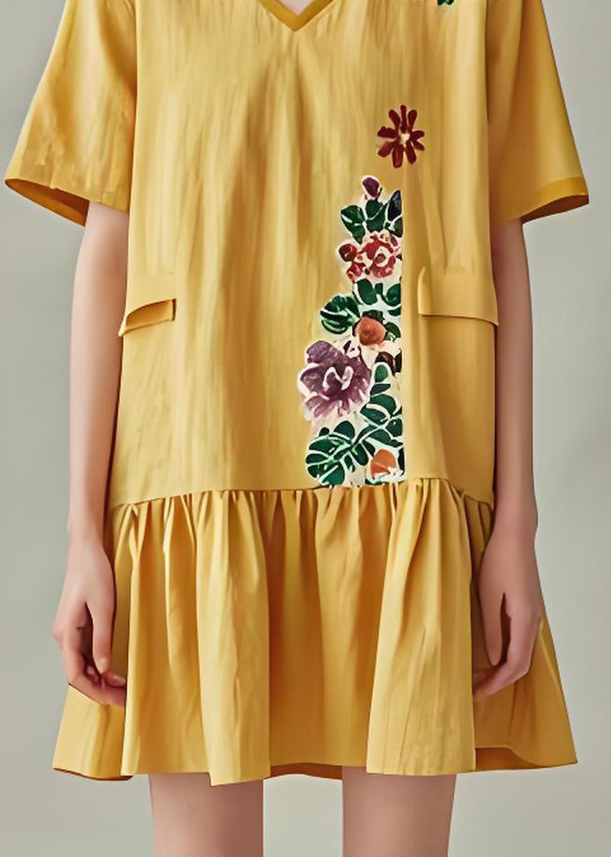 Art Yellow V Neck Print Cotton Tea Dresses Summer