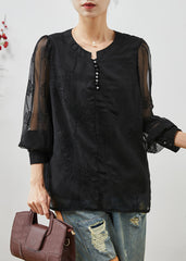 Beautiful Black Embroidered Linen Silk Shirt Top Summer