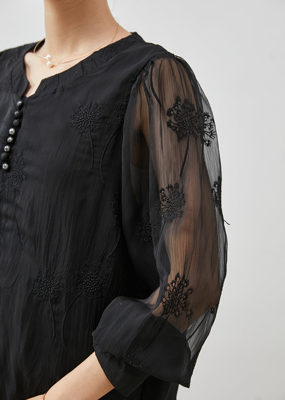 Beautiful Black Embroidered Linen Silk Shirt Top Summer