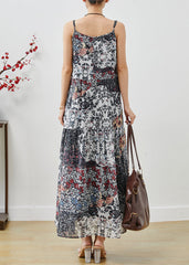 Beautiful Black Print Exra Large Hem Chiffon Spaghetti Strap Dress Summer