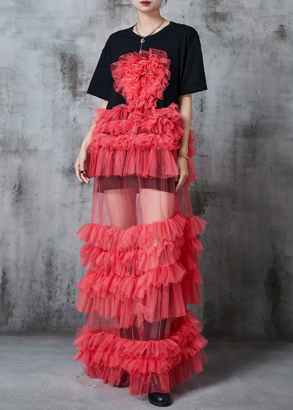 Beautiful Black Ruffled Patchwork Tulle Long Dress Summer