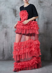 Beautiful Black Ruffled Patchwork Tulle Long Dress Summer