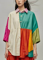 Beautiful Colorblock Oversized Patchwork Cotton Blouse Tops Bracelet Sleeve