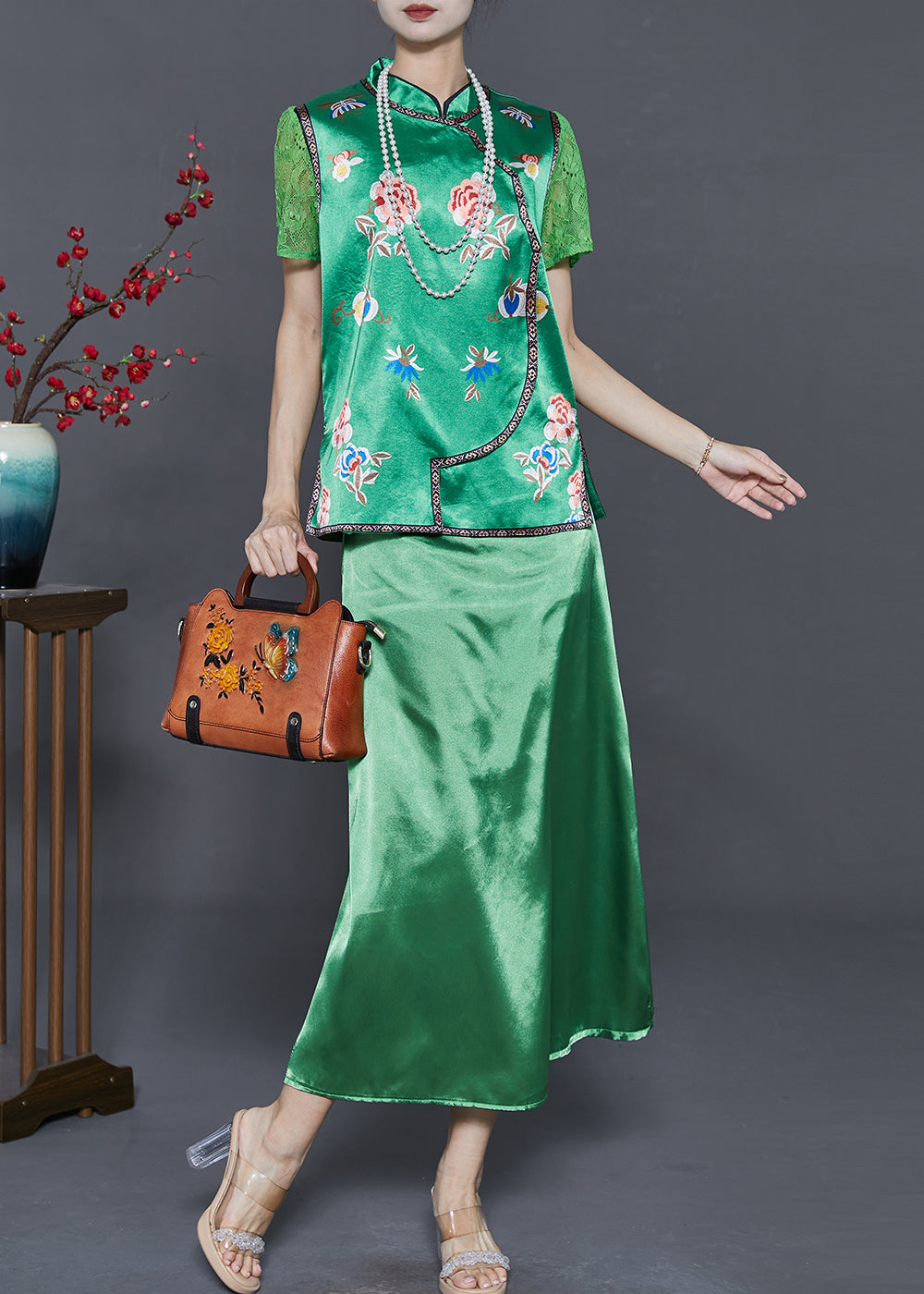 Beautiful Green Embroidered Draping Silk Dresses Two Pieces Set Summer