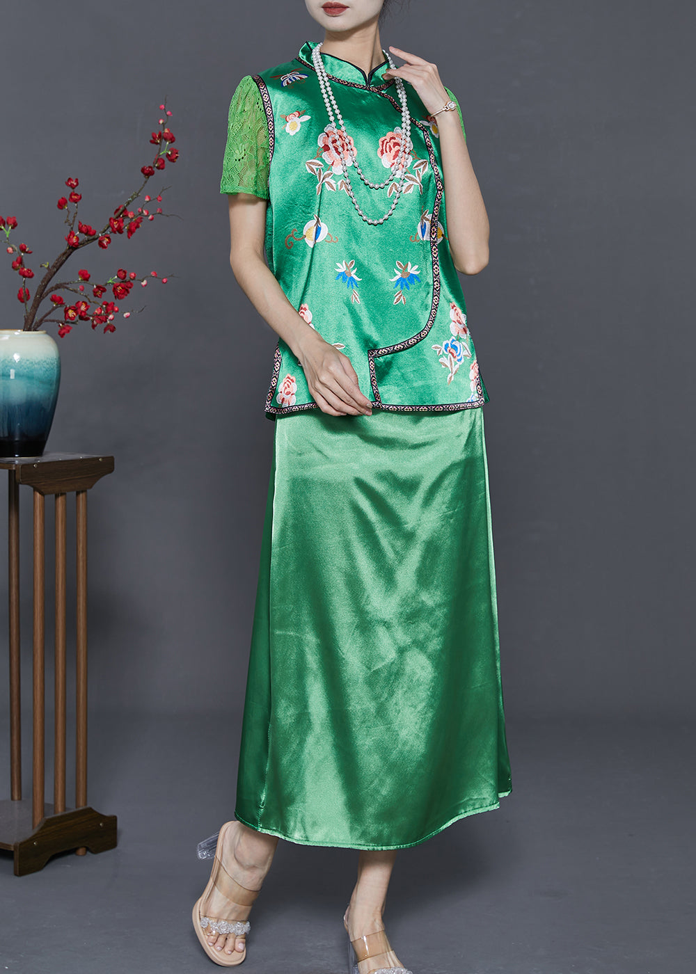 Beautiful Green Embroidered Draping Silk Dresses Two Pieces Set Summer