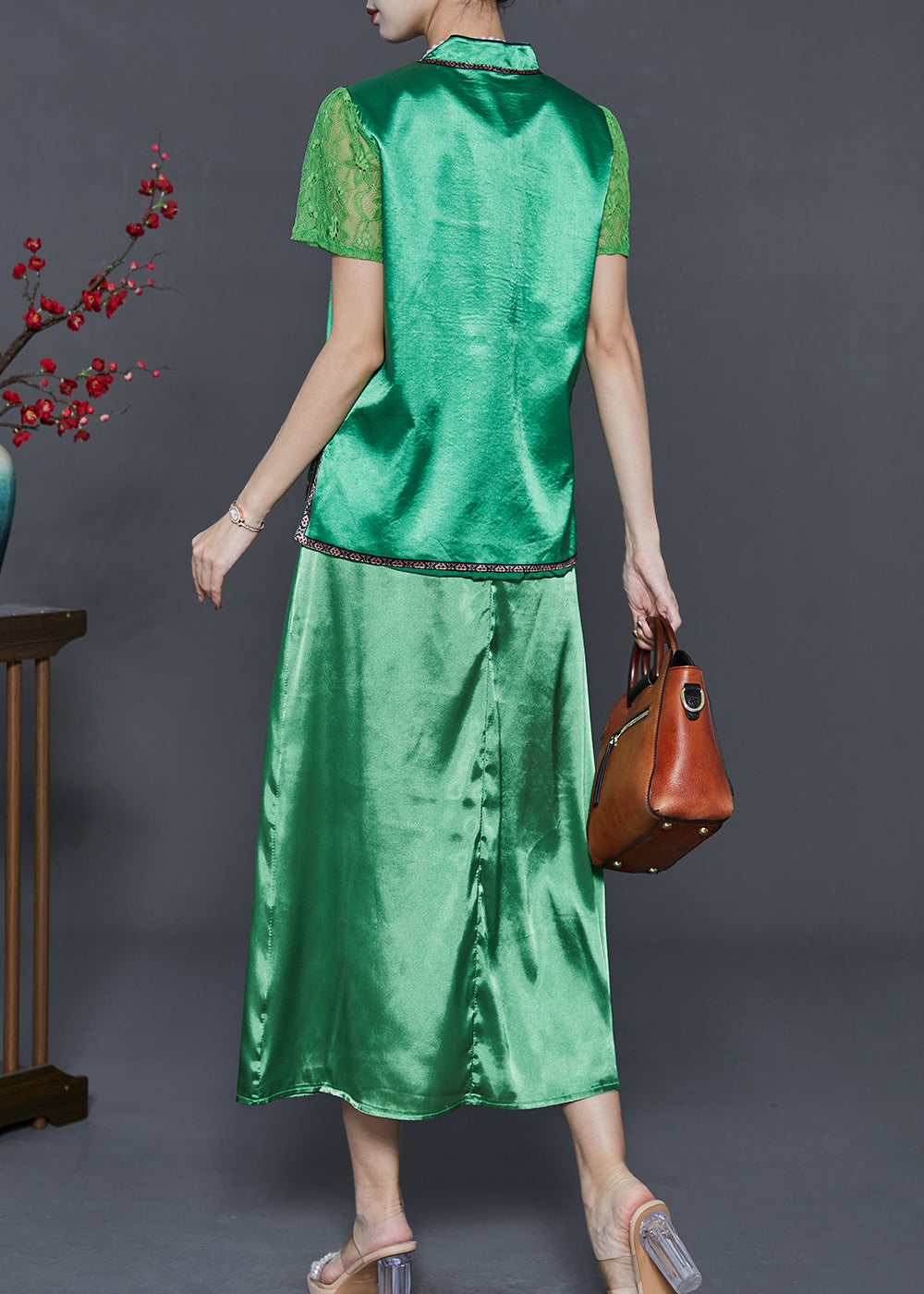 Beautiful Green Embroidered Draping Silk Dresses Two Pieces Set Summer