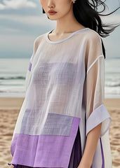 Beautiful O Neck Side Open Patchwork Cotton Blouse Tops Summer