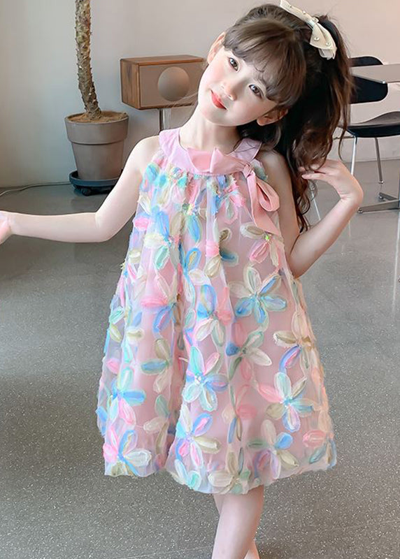 Beautiful Pink O-Neck Embroideried Floral Tulle Kids Long Dress Sleeveless