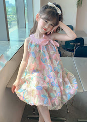 Beautiful Pink O-Neck Embroideried Floral Tulle Kids Long Dress Sleeveless