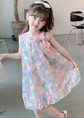 Beautiful Pink O-Neck Embroideried Floral Tulle Kids Long Dress Sleeveless