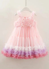 Beautiful Pink O-Neck Floral Tulle Girls Spaghetti Strap Dress Sleeveless