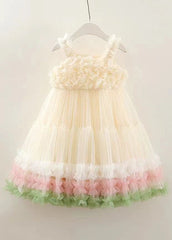 Beautiful Pink O-Neck Floral Tulle Girls Spaghetti Strap Dress Sleeveless