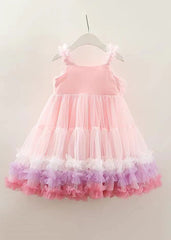 Beautiful Pink O-Neck Floral Tulle Girls Spaghetti Strap Dress Sleeveless