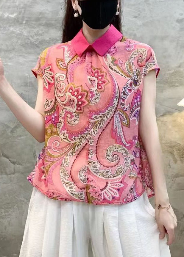 Beautiful Pink Peter Pan Collar Print Cotton Tops Summer