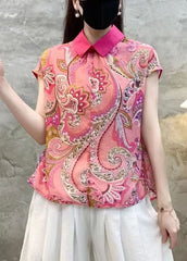 Beautiful Pink Peter Pan Collar Print Cotton Tops Summer