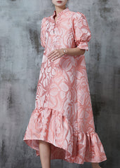 Beautiful Pink Stand Collar Jacquard Silk Robe Dresses Summer