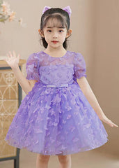 Beautiful Purple Butterfly Embroideried Tulle Girls Mid Dress Summer