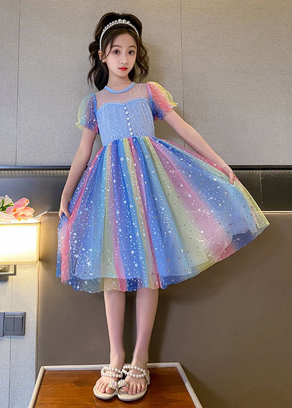 Beautiful Rainbow O-Neck Patchwork Tulle Kids Long Dress Puff Sleeve