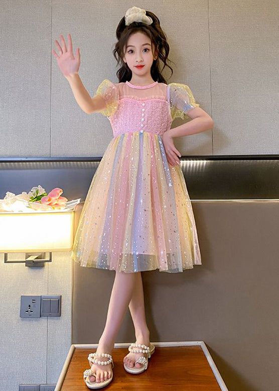 Beautiful Rainbow O-Neck Patchwork Tulle Kids Long Dress Puff Sleeve