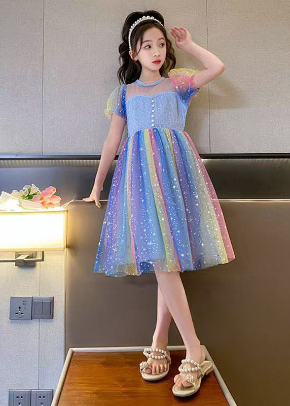 Beautiful Rainbow O-Neck Patchwork Tulle Kids Long Dress Puff Sleeve