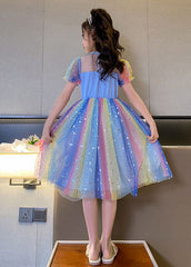 Beautiful Rainbow O-Neck Patchwork Tulle Kids Long Dress Puff Sleeve