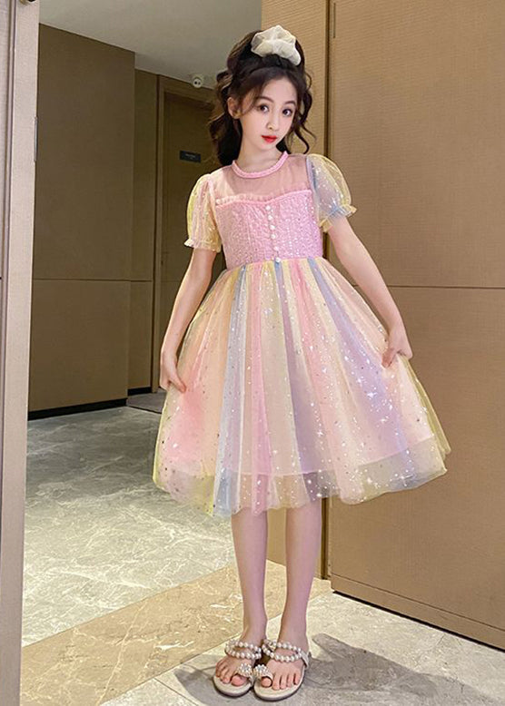 Beautiful Rainbow O-Neck Patchwork Tulle Kids Long Dress Puff Sleeve