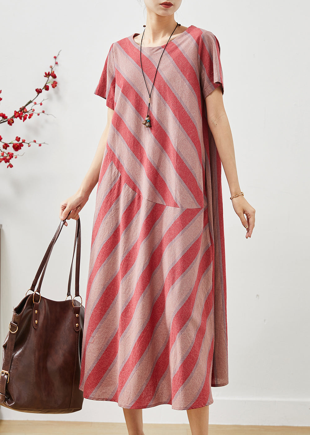 Beautiful Red Oversized Striped Cotton Robe Dresses Summer