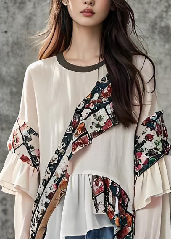 Beautiful White Ruffled Print Patchwork Cotton Top Long Sleeve