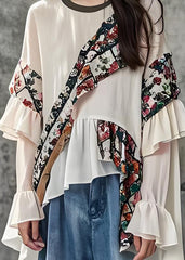 Beautiful White Ruffled Print Patchwork Cotton Top Long Sleeve