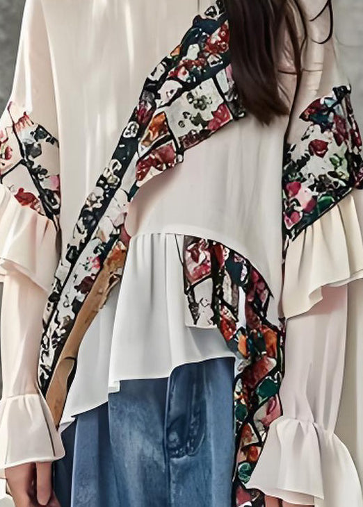 Beautiful White Ruffled Print Patchwork Cotton Top Long Sleeve